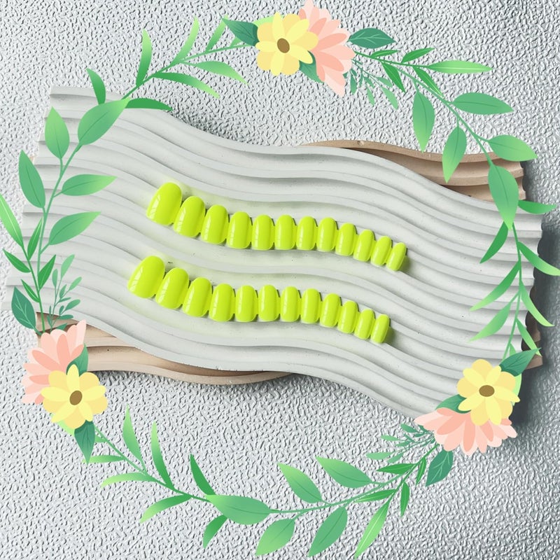KQueenest Neon Yellow Press on Nails Short Oval,Pure Color Round Vibrant Acrylic Nails,Short Almond Fake Nails Press ons for Women,Natural Glue Nails Manicure in 24 PCS - Image 3